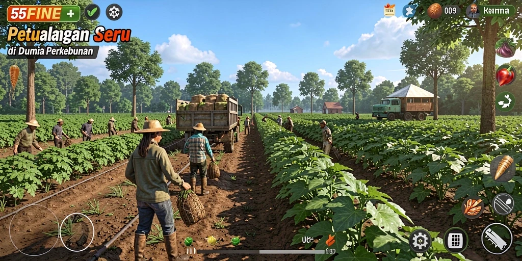 Screenshot gameplay 55FIVE menampilkan lahan pertanian yang subur dan beragam tanaman.