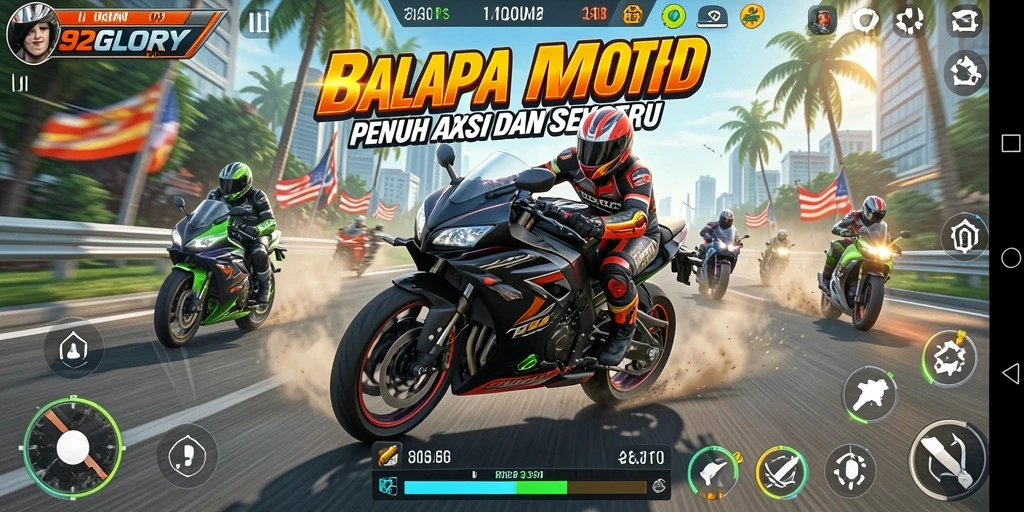 Tangkapan layar utama 92GLORY menunjukkan aksi balapan motor yang mendebarkan.