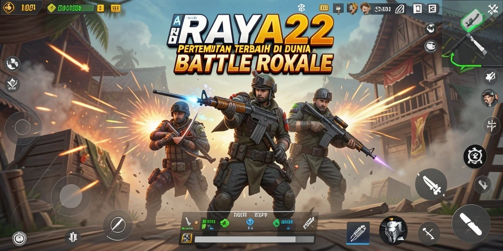 Tampilan screenshot RAYA22 dengan aksi pertarungan Battle Royale yang intens.